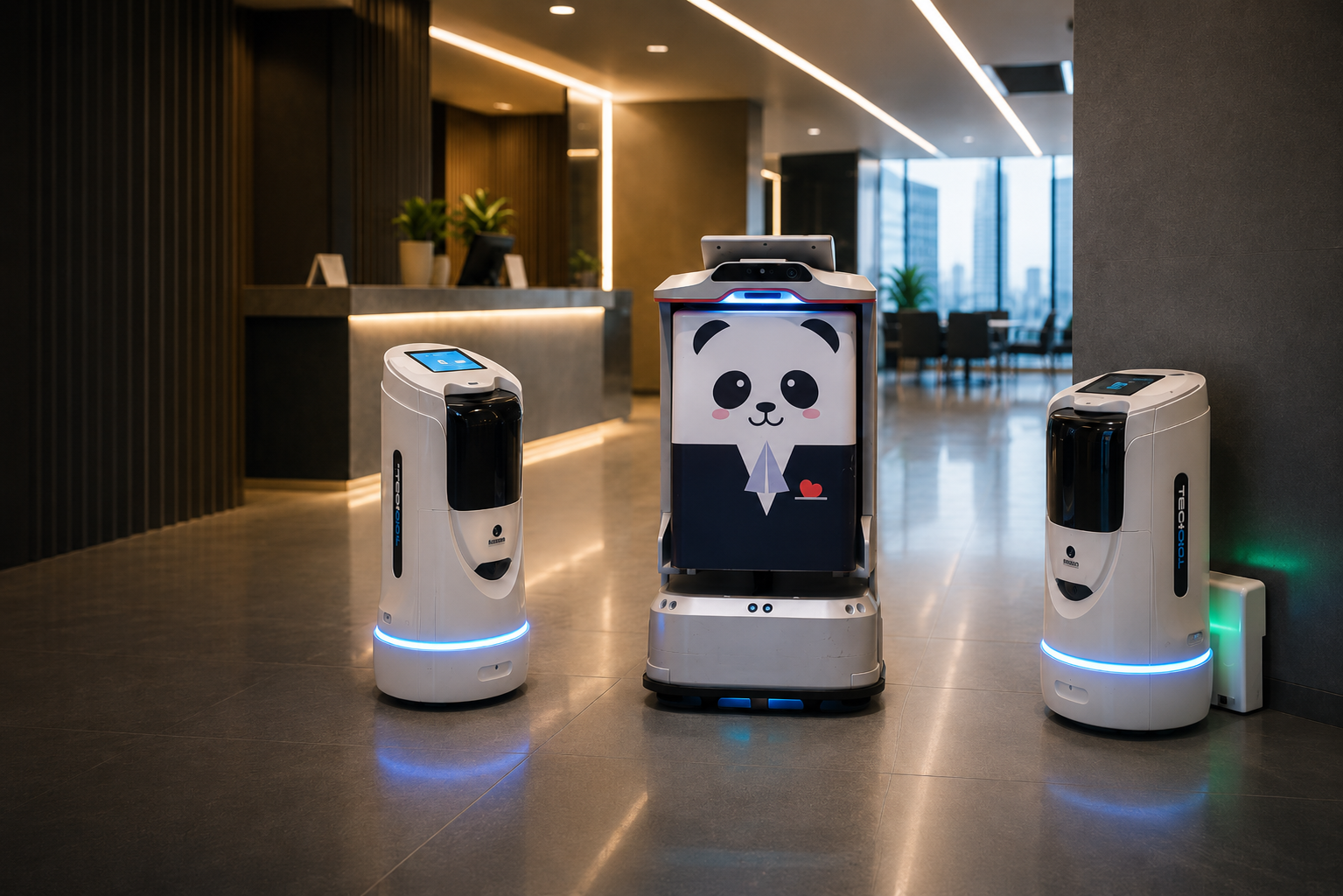 Robots para empresas y negocios en lobby empresarial moderno Tech Col
