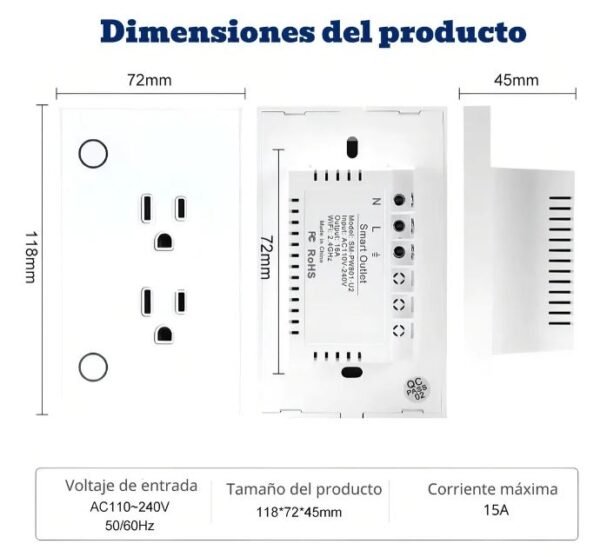 Enchufe Inteligente Tomacorriente Doble Inteligente WiFi 15A para Empotrar | Alexa & Google Home